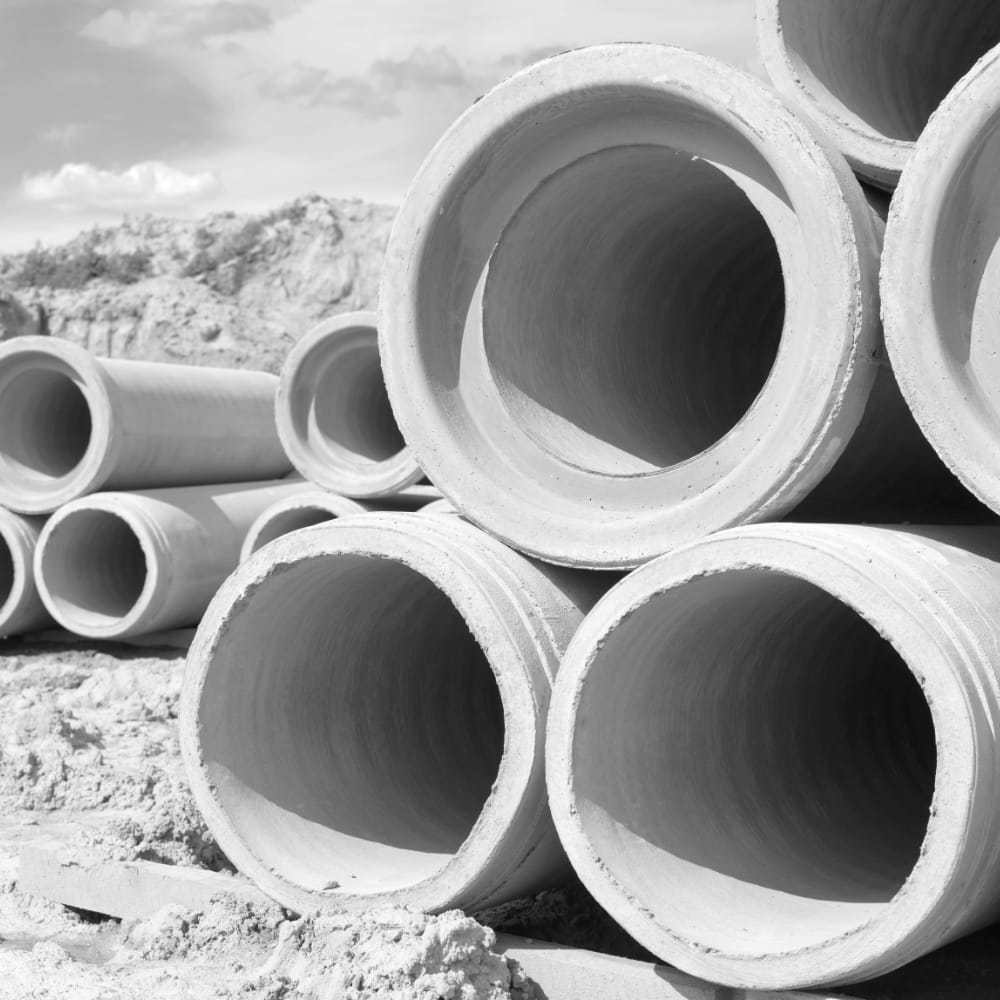 Main pipes lay stacked beside a construction site.